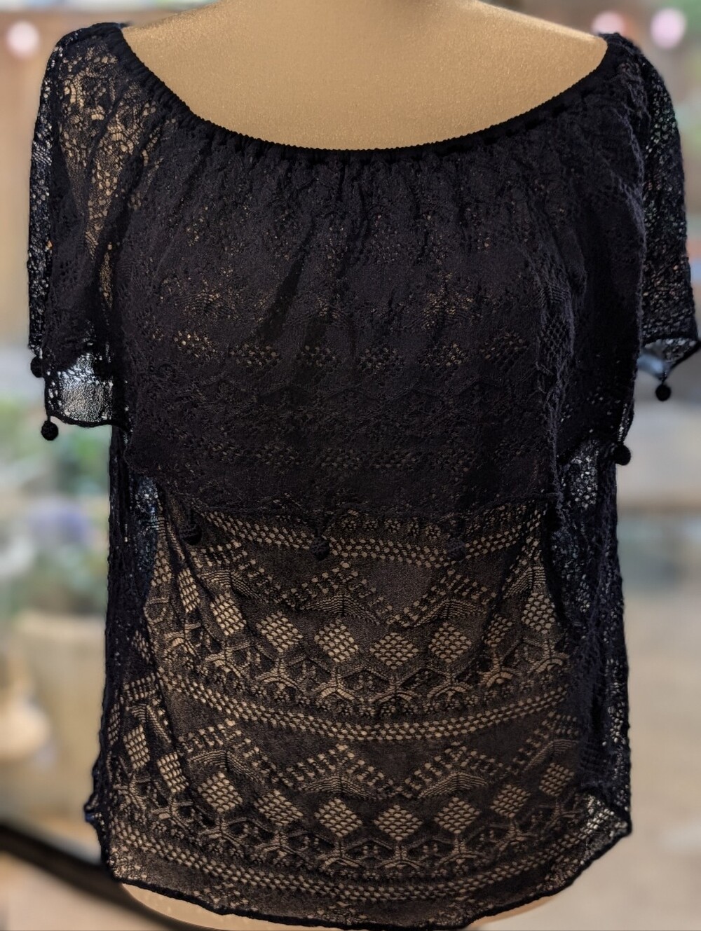 Miss Sixty Y2K Brand Dark Navy Lace Overlay Top - Pom Pom Tassels